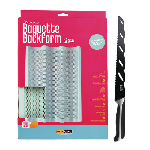 Baguette Set: Baguettebackform und Schwarzes Edelstahl Brotmesser (Klinge 28 cm)